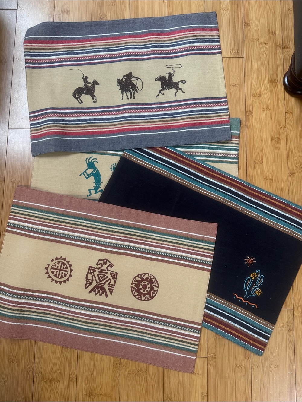 Southwestern Kokopelli Stripe Placemats - Teal, Tan, Brown - set of 4